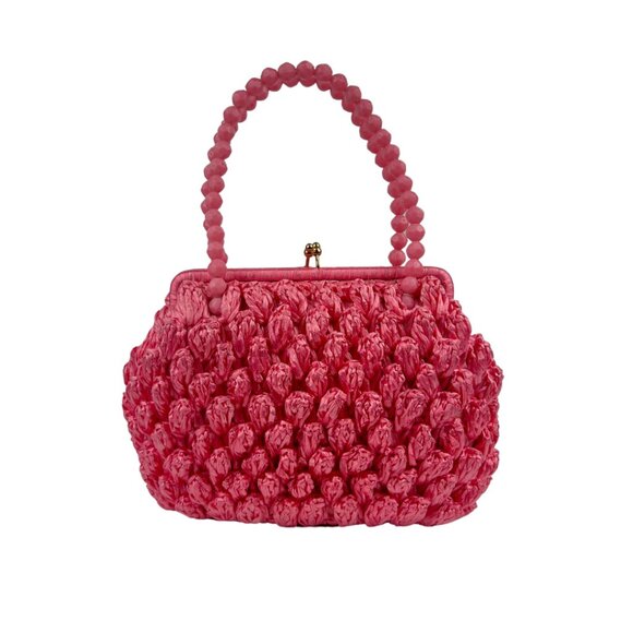 Pink Straw Handbag with Beaded Handle - Picture 1 of 4